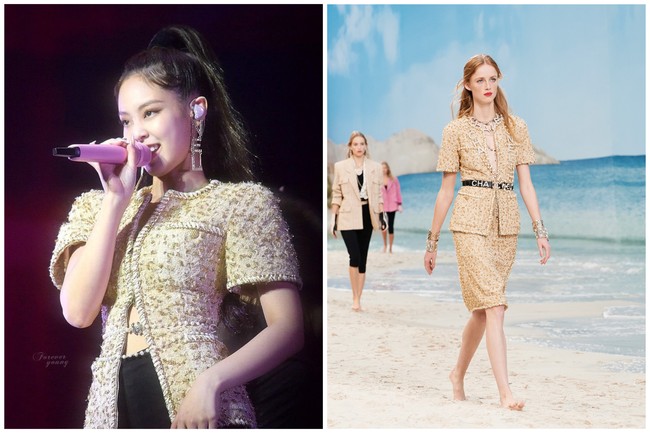 Sang global ambassador juga memakai atasan berwarna beige dari koleksi Chanel Spring/Summer 2019 di atas panggung. Jennie BLACKPINK menambahkan Pearl Belt yang menonjolkan garis pinggangnya. Foto: dok. Chanel