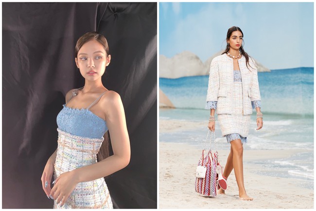 Brand asal Prancis itu identik dengan setelan blazer berbahan tweed. Dalam salah satu postingannya, Jennie BLACKPINK memadukan rok dari koleksi Chanel Spring/Summer 2019 dengan sleeveless top berwarna biru serupa dengan model aslinya. Foto: dok. Chanel