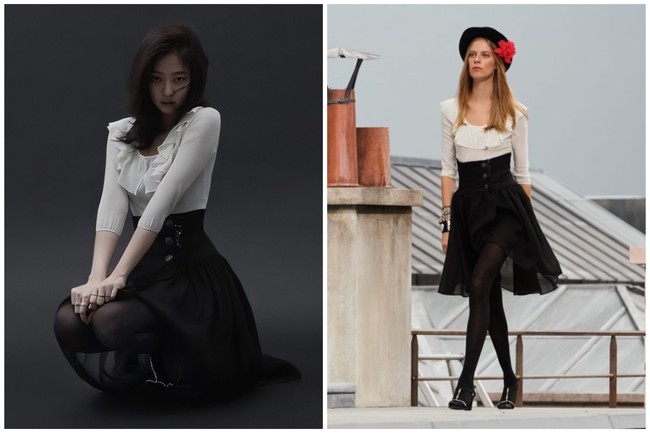 Jennie BLACKPINK juga memakai Parisian dress dari koleksi Chanel Autumn/Winter 2020 dalam pemotretan tersebut. Penampilannya nyaris sama dengan model asli Chanel tanpa memakai atribut topi. Foto: dok. Chanel