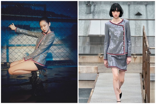 Pelantun lagu SOLO itu juga memakai jaket berbahan sequin dari koleksi Chanel Spring/Summer 2020 saat menjalani pemotretan bersama Vogue Korea. Foto: dok. Chanel