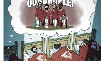 Mo Salah dan kawan-kawan diilustrasikan memimpikan quadruple. Foto: Twitter