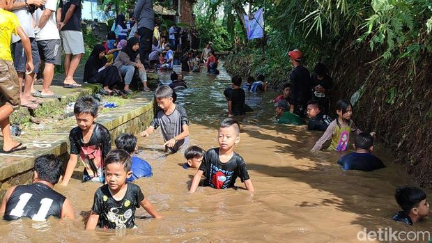 Tradisi Ngobeng atau mengambil ikan dengan tangan