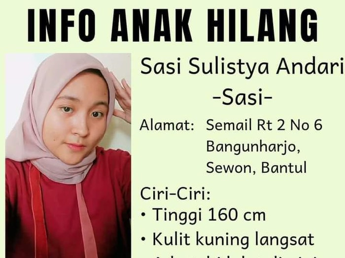 Flyer hilangnya mahasiswi asal Bantul, Sasi.