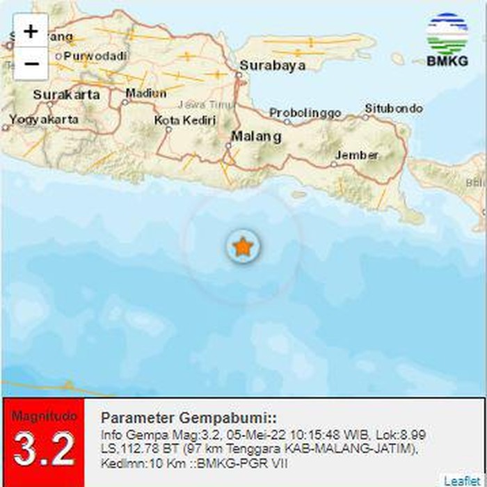 Kabupaten Malang diguncang gempa di H+3 Lebaran 2022. Gempa terjadi dengan magnitudo 3,2 SR.