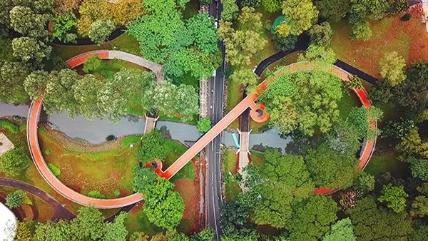 Unik dan menarik, infinity link bridge menghubungkan taman yang ada di utara dan selatan. Berdiri setinggi enam meter, jembatan berada di antara pepohonan tinggi. (Tebet Eco Park) Unik dan menarik, infinity link bridge menghubungkan taman yang ada di utara dan selatan. Berdiri setinggi enam meter, jembatan berada di antara pepohonan tinggi. (Tebet Eco Park)