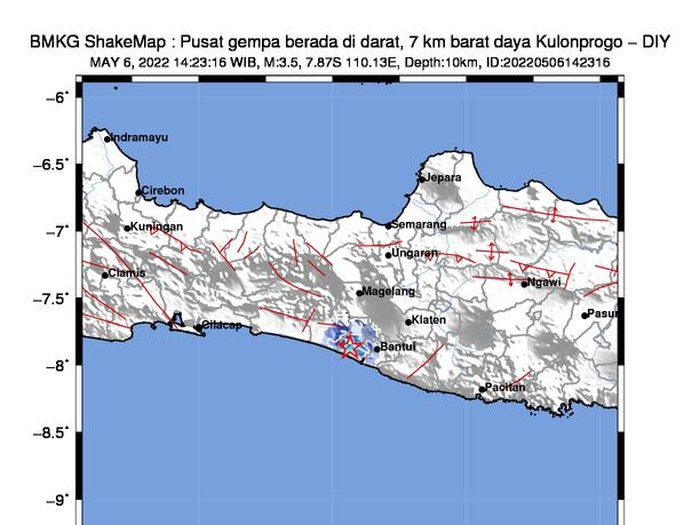 BMKG Shakemap menunjukkan pusat gempa berada di darat, 7 km barat daya Kulon Progo