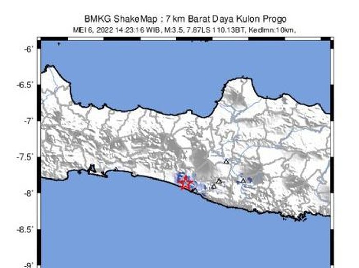 Gempa bermagnitudo 3,5 terjadi di sebelah barat daya Kulon Progo, Jumat (6/5/2022) pukul 14.23 WIB.