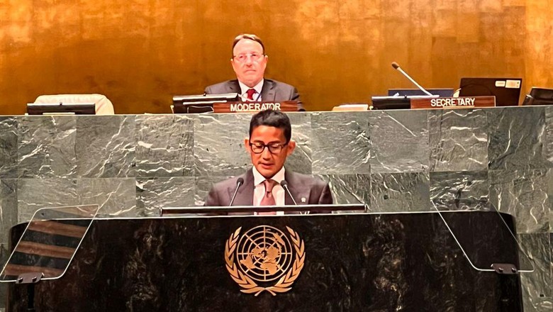 Sandiaga Uno di PBB Sandiaga Uno memberikan sambutan di event High-level Thematic Debate on Tourism yang diadakan oleh United Nations General Assembly Hall, New York Amerika Serikat, Rabu (4/5/2022).