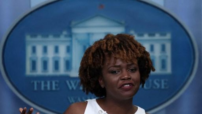 WASHINGTON, DC - MAY 05: White House Principal Deputy Press Secretary Karine Jean-Pierre speaks during a White House daily press briefing at the James S. Brady Press Briefing Room of the White House May 5, 2022 in Washington, DC. President Joe Biden announced today that Karine Jean-Pierre has been promoted to be White House Press Secretary, replacing Jen Psaki who will depart from the White House on May 13, 2022.   Alex Wong/Getty Images/AFP (Photo by ALEX WONG / GETTY IMAGES NORTH AMERICA / Getty Images via AFP)
