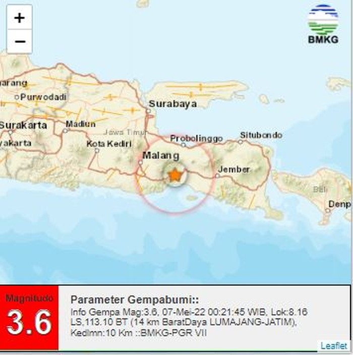 Gempa M 3,6 mengguncang Lumajang. Gempa terjadi pukul 00.21 WIB.