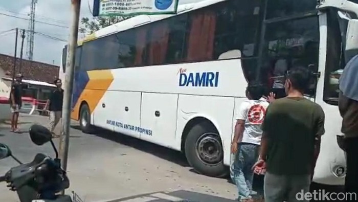 Bus Damri nyasar ke Sungai Pemali Brebes lewat jalan sempit, Minggu (8/5/2022).
