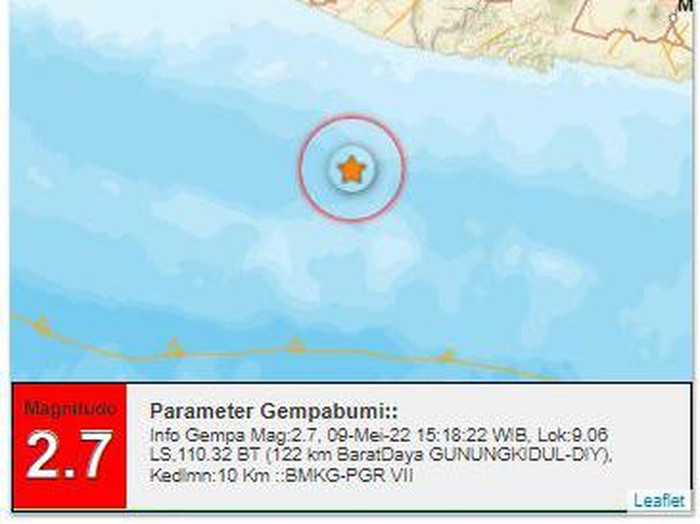 Gempa M 2,7 guncang barat daya Gunungkidul, Senin (9/5/2022) pukul 15.18 WIB.