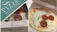 Memberikan sisi tembus pandang hanya sebagian saja, kotak pizza yang satu ini begitu menipu. Setelah dibuka hanya ada tiga iris pepperoni dalam seloyang pizza besar. Foto: Instagram/pointless_packaging