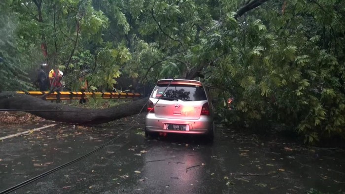 Mobil ringsek tertimpa poon tumbang.