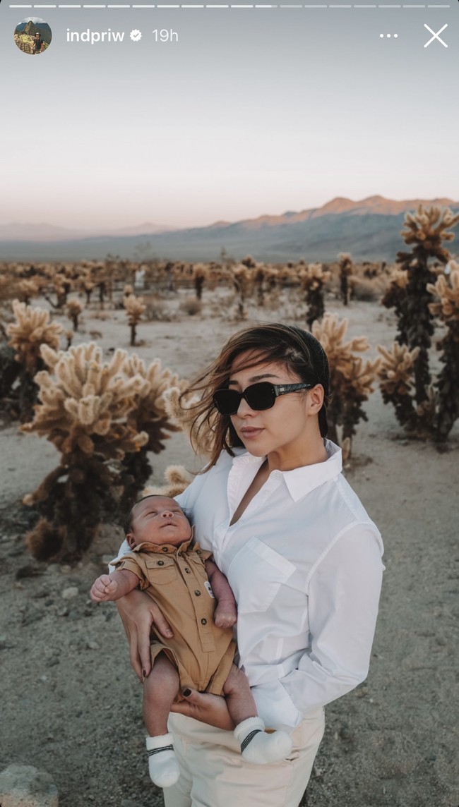 Walaupun hidup bergelimang harta, namun penampilan Nikita Willy saat berjalan-jalan bersama baby Izz ke gurun terlihat cukup simpel dan sederhana. Istri Indra Priawan itu hanya mengenakan kemeja putih yang dipadukan dengan celana bahan berwarna krem. Foto: Instagram