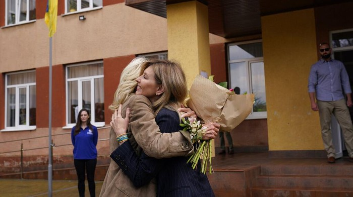 Russia Ukraine War Jill Biden First lady Jill Biden hugs Olena Zelenska, spouse of Ukrainian's President Volodymyr Zelenskyy, outside of School 6, a public school that has taken in displaced students in Uzhhorod, Ukraine, Sunday, May 8, 2022. (AP Photo/Susan Walsh, Pool)