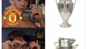 Manchester United dipastikan absen di Liga Champions musim depan setelah gagal masuk ke empat besar peringkat Liga Inggris. Yang tampak seperti piala, ternyata kaleng susu. Foto: Twitter