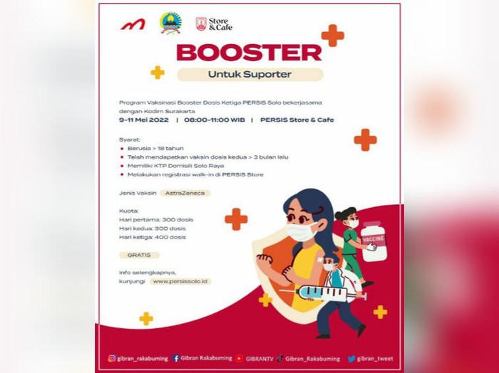 Wali Kota Solo Gibran Rakabuming Raka mengajak suporter sepak bola ikuti vaksinasi booster di Persis Store & Cafe, Manahan.