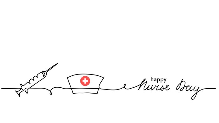 Hari Perawat Internasional Happy Nurse Day simple vector background with syringe, nurse cap or hat. Minimalist web banner. Nurse day lettering. One continuous line drawing.