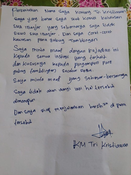 Surat pernyataan dan permohonan maaf yang dibuat Komang Tri Kristiawan atas perbuatannya melakukan aksi vandalisme dan mengotori Pura Gubug Tamblingan