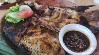 Gurame bakar (Rp 115.000) disajikan dengan tampilan yang sederhana namun menggoda. Ikan gurame seberat 700-800 gram ini disayat sisi dagingnya, lalu dibakar dengan olesan bumbu kuning ditambah kecap manis. Disajikan dengan sambal kecap terpisah.  Foto: detikFood/Devi S. Lestari