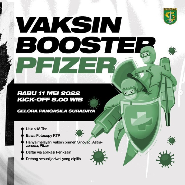 Hari ini, Persebaya menggelar vaksinasi booster bersama Pemkot Surabaya dan aplikasi Periksain. Peserta vaksinasi berpeluang mendapat tiket laga Surabaya 729 Game.