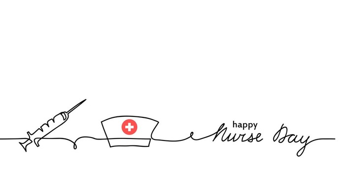 Happy Nurse Day simple vector background with syringe, nurse cap or hat. Minimalist web banner. Nurse day lettering. One continuous line drawing.