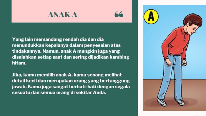 Jika kamu memilih anak A artinya kamu orang yang sangat suka memperhatikan sekitar.