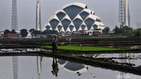 Seorang warga beraktivitas di sawah yang berada dekat dengan masjid apung Al-Jabbar di Kecamatan Gedebage, Kota Bandung, Kamis (12/5/2022).