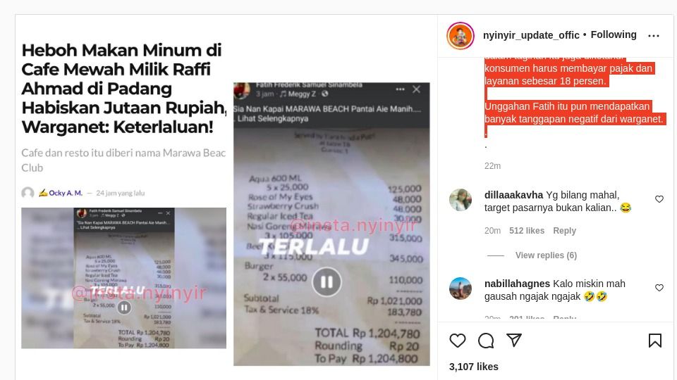 Netizen menganggap harga menu di beach club Raffi Ahmad terlalu mahal