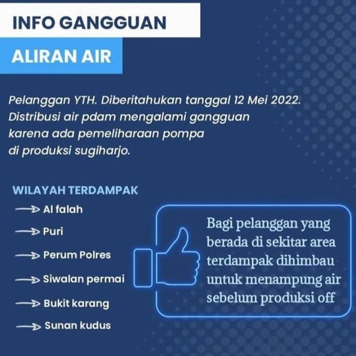 Perumda Air Minum Tirta Lestari Kabupaten Tuban mengumumkan, hari ini ada gangguan distribusi air PDAM. Sebab ada pemeliharaan pompa di produksi Sugiharjo.