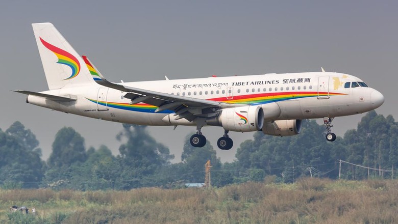 Chengdu, China - September 22, 2019: Tibet Airlines Airbus A319 airplane at Chengdu Shuangliu airport (CTU) in China. Airbus is a European aircraft manufacturer based in Toulouse, France.