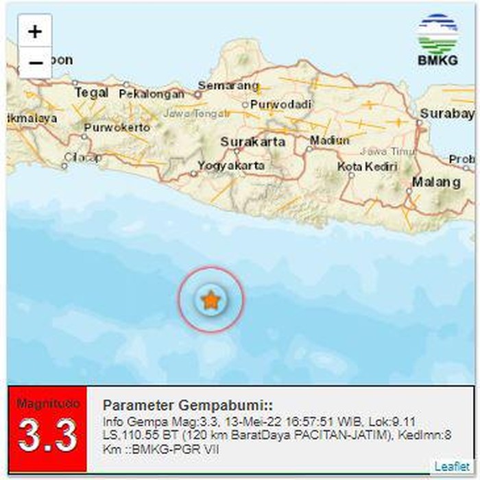 Gempa M 3,3 mengguncang Pacitan. Gempa terjadi pukul 16.57 WIB.