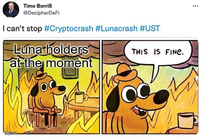 Kocak! Meme Anjloknya Terra LUNA Bertebaran Kondisi pasar kripto sedang buruk. Beberapa aset kripto diketahui mengalami penurunan yang cukup tajam. Misalnya, belakangan ini yang trending ada harga aset kripto Terra (LUNA) yang telah turun lebih dari 99% di pasar perdagangan.