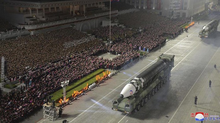 This photo provided by the North Korean government, shows what it says newly built intercontinental ballistic missile, the Hwasong-17 during a military parade to mark the 90th anniversary of North Koreas army at the Kim Il Sung Square in Pyongyang, North Korea Monday, April 25, 2022. Independent journalists were not given access to cover the event depicted in this image distributed by the North Korean government. The content of this image is as provided and cannot be independently verified. Korean language watermark on image as provided by source reads: 
