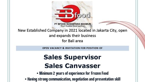 Pengumuman Bfood Nusantara Makmur,  yang berpusat di Bali dan Jakarta, membuka lowongan kerja