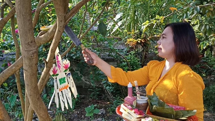 Salah satu warga Banjar Tandan, Desa Gubug, Ni Nyoman Dian Trisna Dewi, menghaturkan sesajen atau banten kepada salah satu pohon di kebunnya saat Tumpek Wariga, Sabtu (14/5/2022).