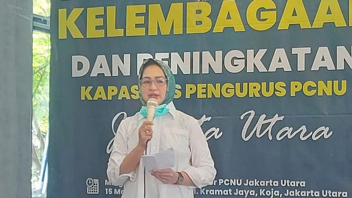 Airin Rachmi Diany saat menghadiri acara Halalbihalal di kantor PCNU Jakarta Utara, di Koja, Jakarta Utara, Minggu (15/5/2022).