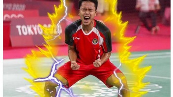 Meme klasik Ginting Super Saiyan selalu keluar untuk menyemangati Ginting. Foto: (Twitter).