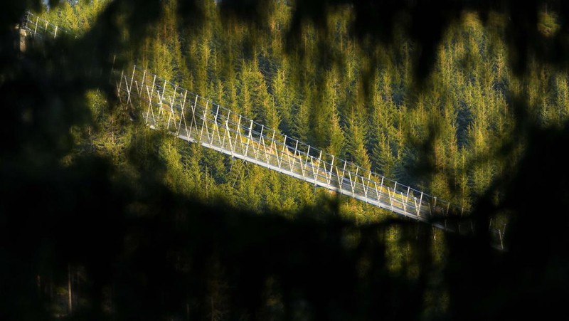 Visitors cross a suspension bridge for the pedestrians that is the longest such construction in the world shortly after its official opening at a mountain resort in Dolni Morava, Czech Republic, Friday, May 13, 2022. The 721-meter (2,365 feet) long bridge is built at the altitude of more than 1,100 meters above the sea level. It connects two ridges of the mountains up to 95 meters above a valley between them. (AP Photo/Petr David Josek)