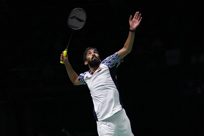 Indias Srikanth Kidambi return the shot to Denmarks Anders Antonsen during their mens single semi-final match at Thomas & Uber Cup in Bangkok, Thailand, Friday, May 13, 2022. (AP Photo/Sakchai Lalit)