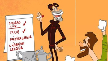 Karikatur Liverpool yang masih berambisi merebut gelar-gelar lain di tahun 2022. Foto: (Twitter)