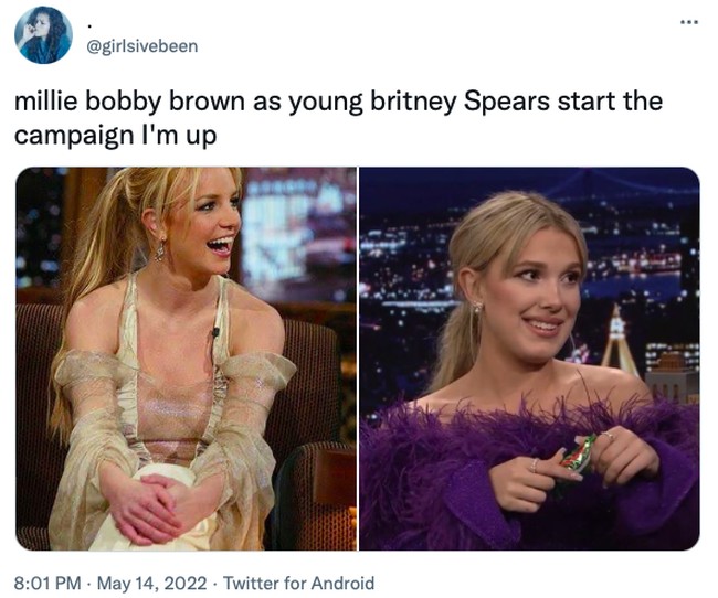 Semakin dewasa, Millie Bobby Brown disebut-sebut memiliki gaya yang mirip Britney Spears. Banyak pengguna Twitter ramai membahasnya setelah ia muncul di The Tonight Show Starring Jimmy Fallon untuk mempromosikan Stranger Things 4. Sampai-sampai muncul seruan untuk mempromosikan Millie sebagai pemeran Britney Spears muda di film biografi sang bintang pop. (Foto: Twitter/@.girlsivebeen)