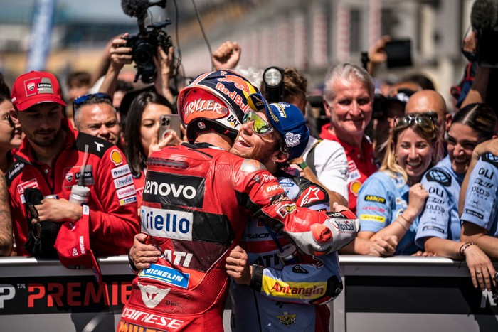 LE MANS, FRANCE - MAY 15: Jack Miller of Australia and Ducati Lenovo Team and Enea Bastianini of Italy and Gresini Racing MotoGP at parc ferme during the race of the MotoGP SHARK Grand Prix de France at Bugatti Circuit on May 15, 2022 in Le Mans, France. (Photo by Steve Wobser/Getty Images)