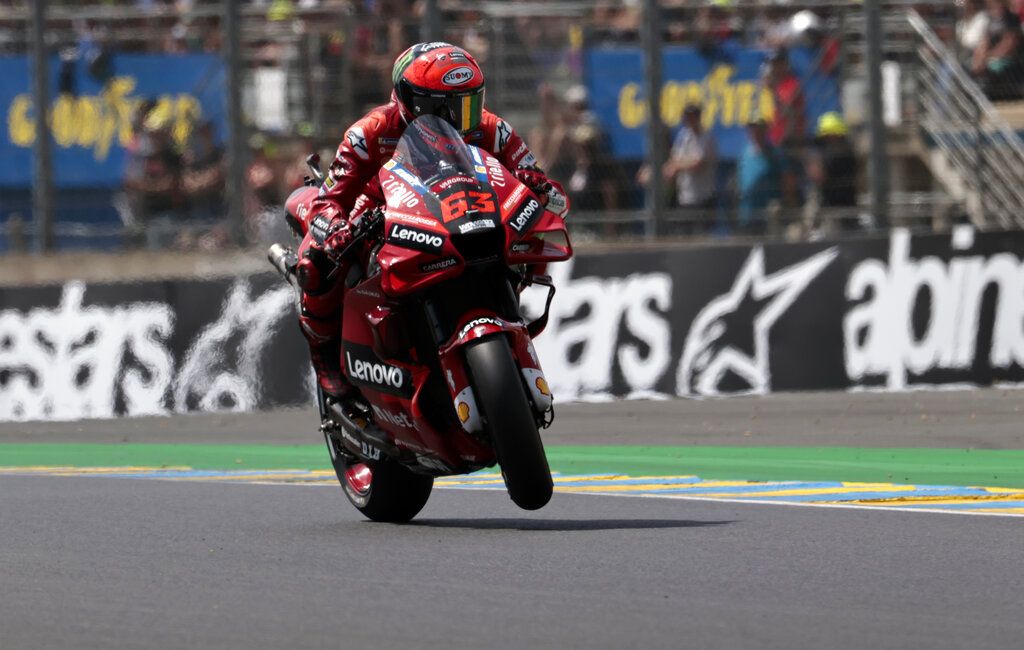 Italian rider Francesco Bagnaia of the Ducati Lenovo Team steers his motorcycle during the MotoGP race of the French Motorcycle Grand Prix at the Le Mans racetrack, in Le Mans, France, Sunday, May 15, 2022. (AP Photo/Jeremias Gonzalez)