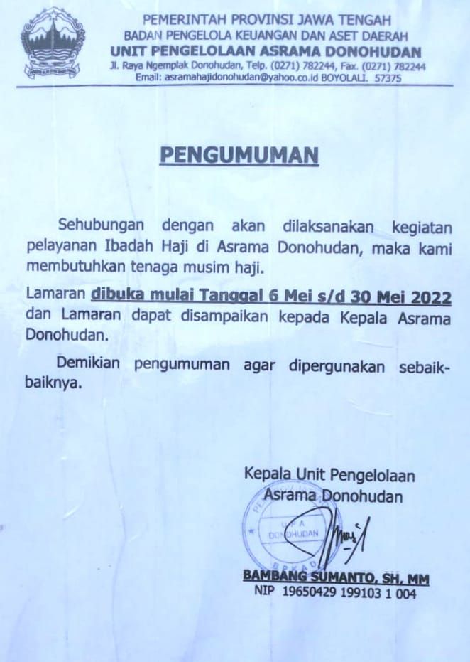 Surat pemberitahuan lowongan Tenaga Musim Haji di Asrama Donohudan.