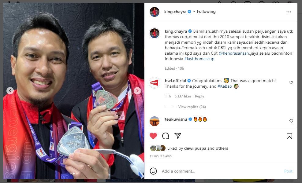 Unggahan Hendra Setiawan usai Thomas Cup 2022