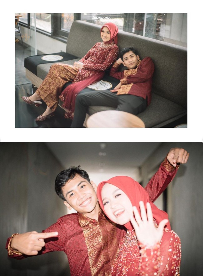 Komika Bintang Emon telah resmi melamar kekasihnya, Alca Octaviani pada Minggu (15/5/2022). Pada momen lamaran tersebut keduanya terlihat tampil kompak mengenakan busana berwarna merah marun. Foto: Instagram/@imagenic