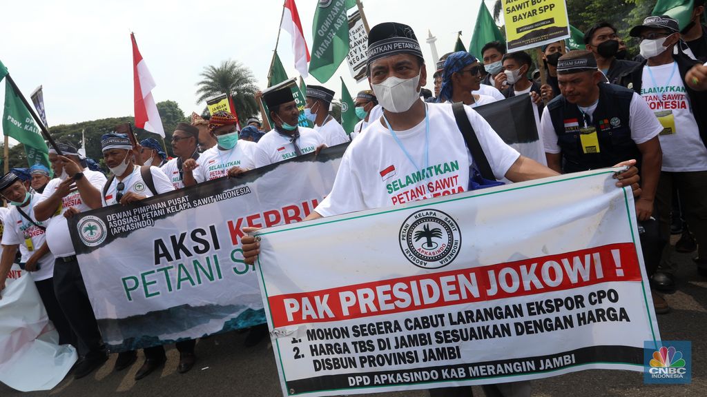 Asosiasi Petani Kelapa Sawit Indonesia (APKASINDO) melakukan aksi unjuk rasa di kawasan Patung Kuda, Jakarta, Selasa, (17/5/2022). (CNBC Indonesia/Andrean Kristianto)