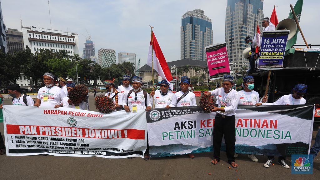 Asosiasi Petani Kelapa Sawit Indonesia (APKASINDO) melakukan aksi unjuk rasa di kawasan Patung Kuda, Jakarta, Selasa, (17/5/2022). (CNBC Indonesia/Andrean Kristianto)